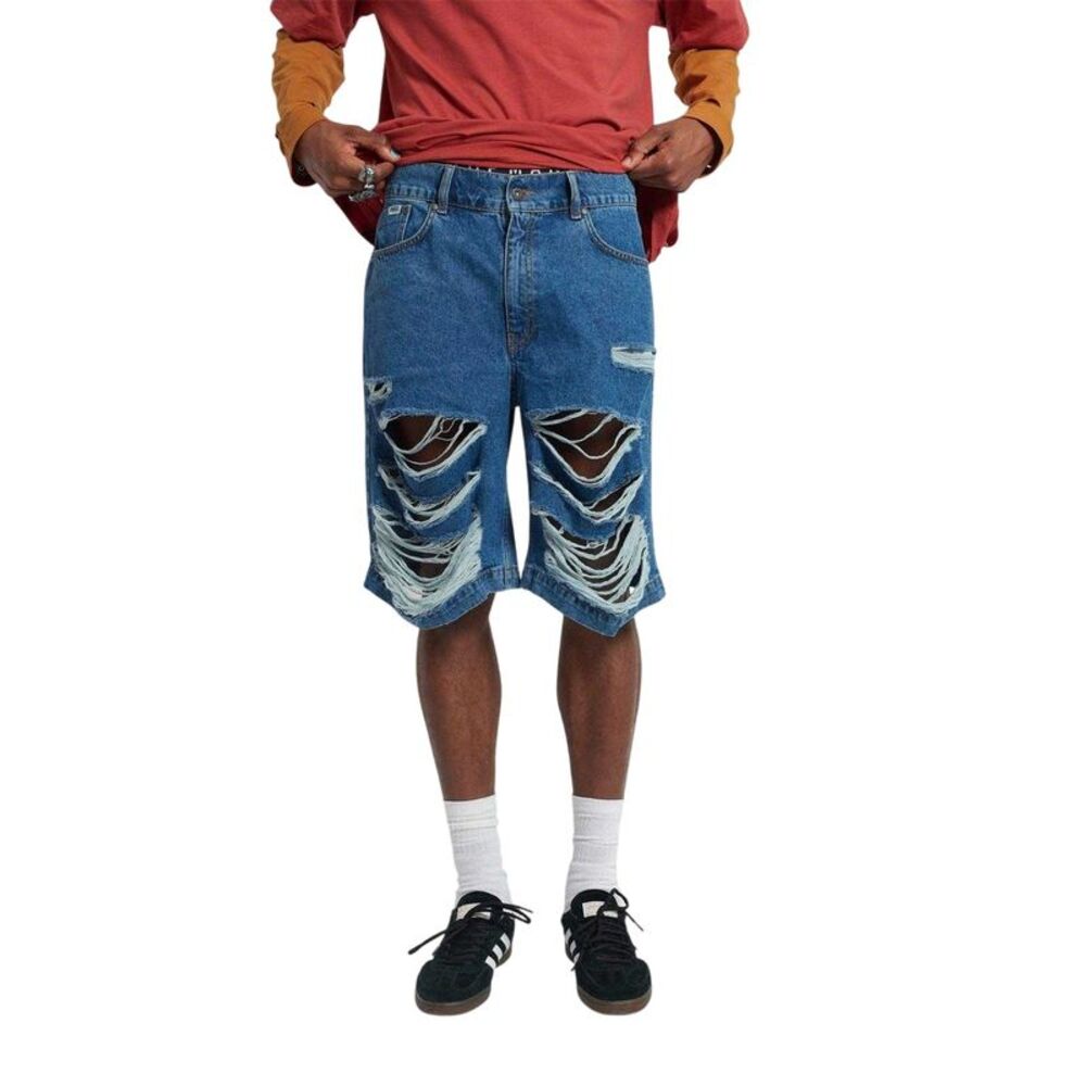 The Ragged Priest Mens Feral Denim Distressed Relaxed Fit Shorts / Indigo